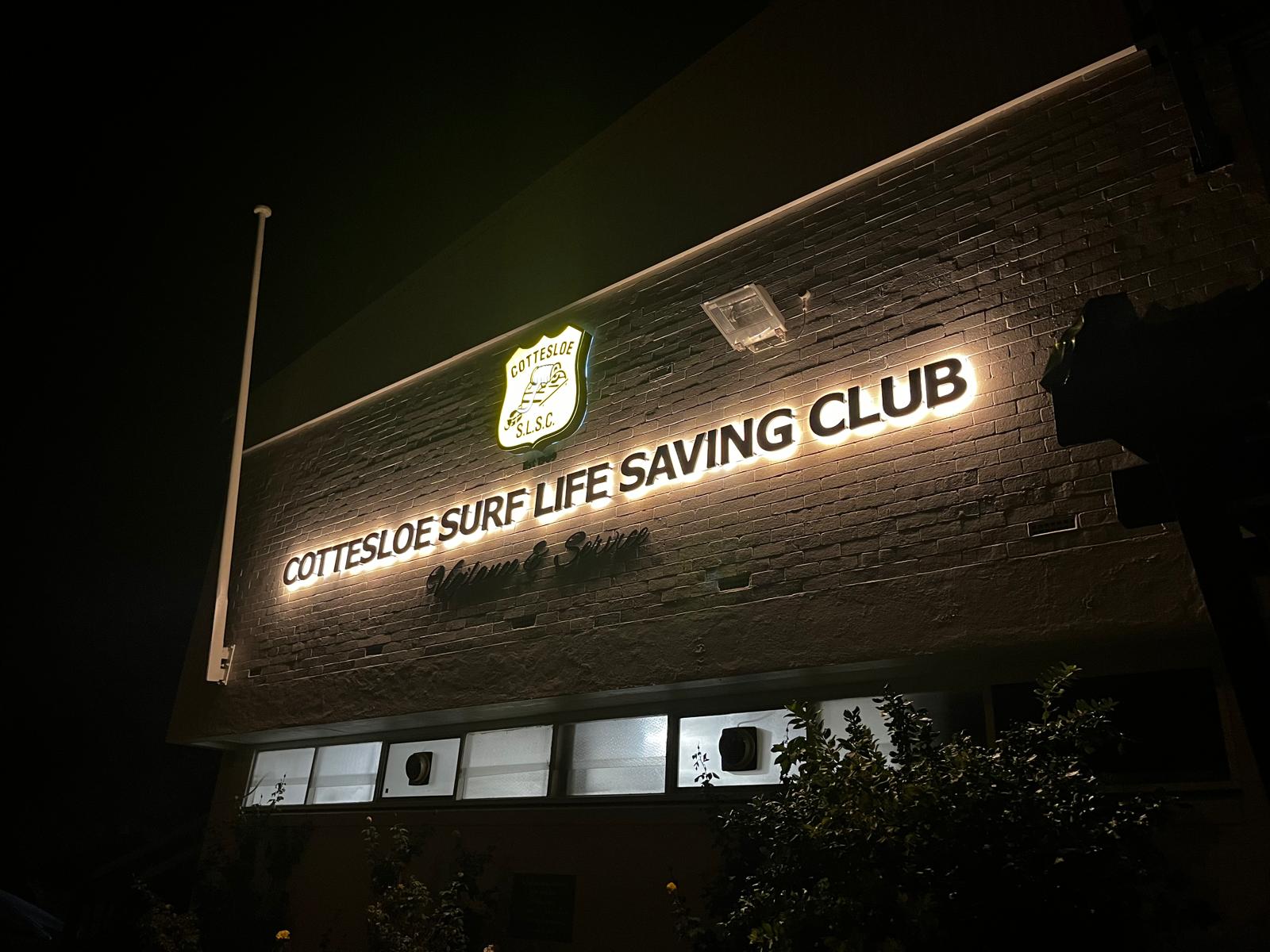 Cottesloe Surf Life Saving Club halo-lit sign