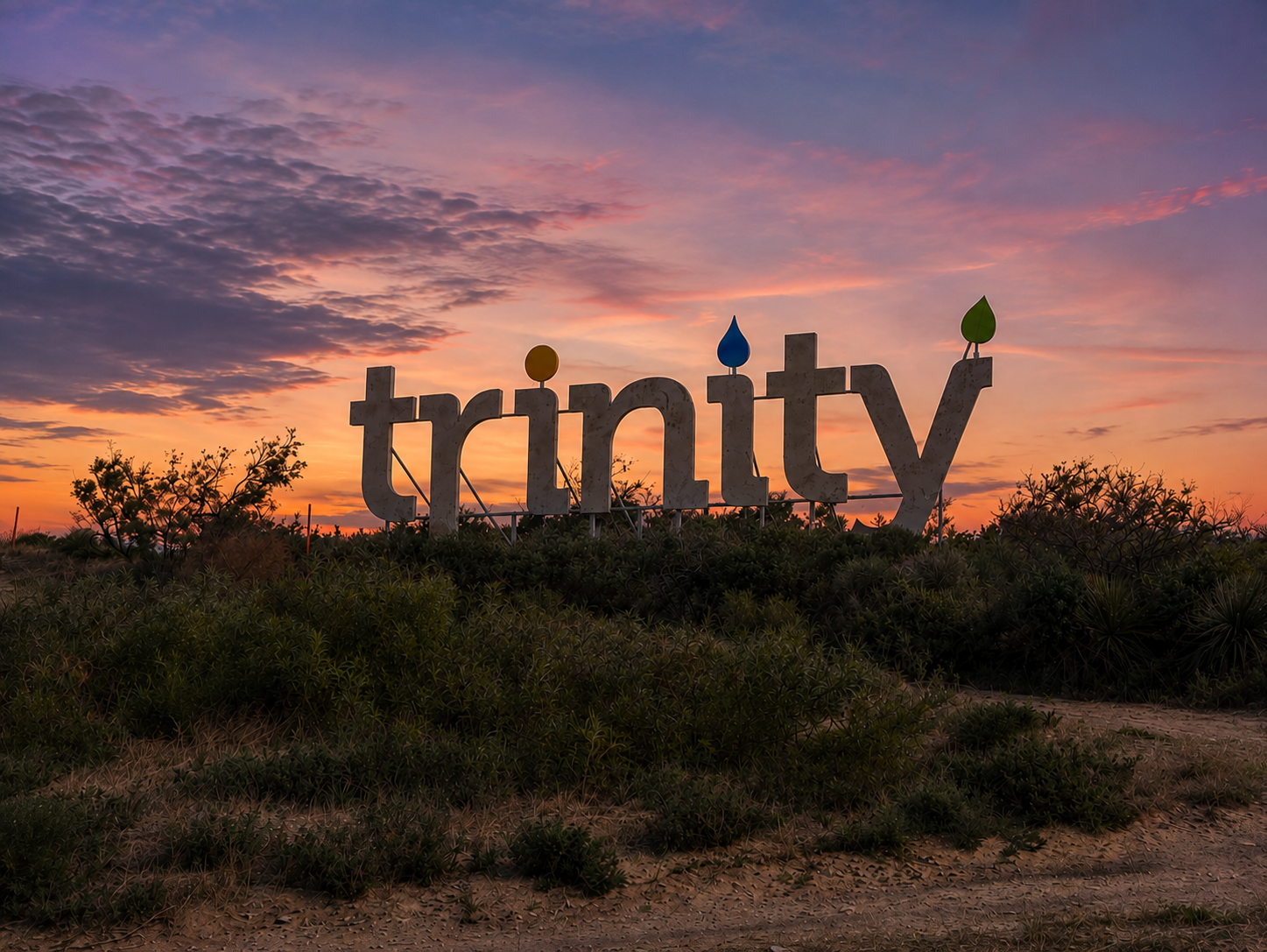 Trinity fabricated dimensional letter sign at dusk