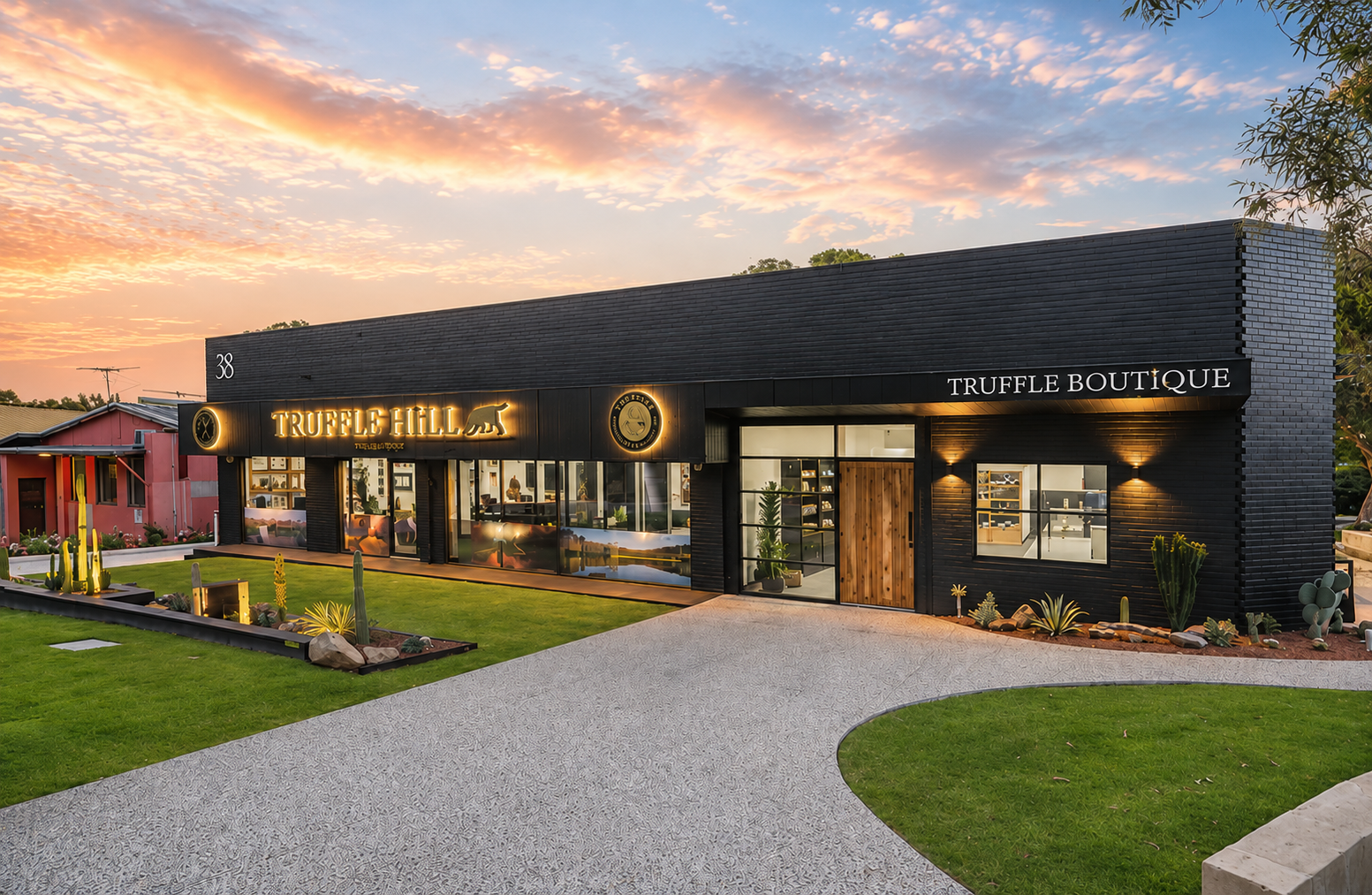 Truffle Hill Boutique illuminated shopfront signage at sunset